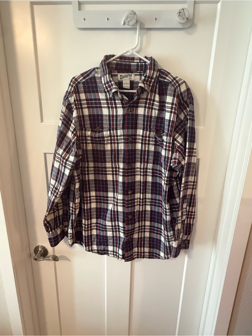 Duluth Trading Co Men's Plaid Flannel Shirt - White & Navy size large